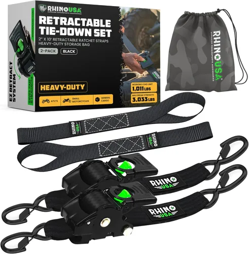Rhino USA Correas de carraca retráctiles (paquete de 2) - 2 pulgadas x 3 metros (1,376 kg de fuerza de rotura) - Correas de amarre auto-retractiles