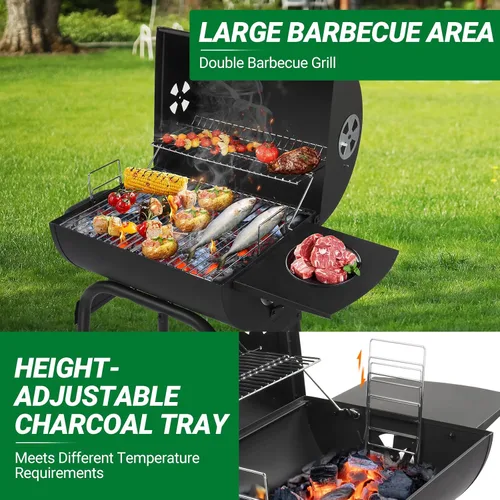 Miniatura 3 de Outvita Asador de carbón en barril con rejilla para calentar, parrilla de barbacoa al aire libre con mesa lateral delantera con amplia área