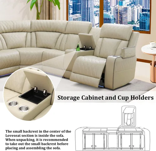 Miniatura 4 de Juego de sofá modular reclinable eléctrico con luz LED, juego de sofá modular reclinable de cuero, incluye sillón reclinable individual, juego