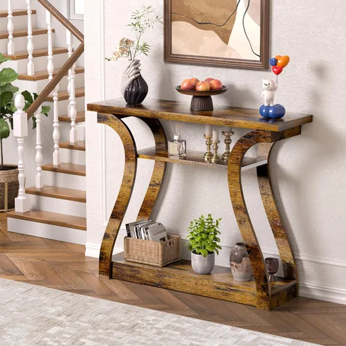 Miniatura 10 de Mesa consola de madera con patas curvadas y estante, mesa de sofá moderna de 3 niveles para zona de entrada, sala de estar, pasillo, 47 pulgadas