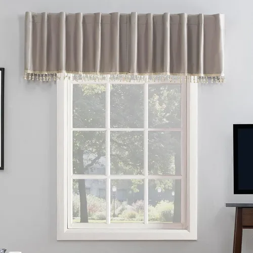 Miniatura 26 de Sun Zero Greyson - Valance de cortina con pestaña trasera de seda de dupioni de imitación con borlas de cuentas y aislamiento térmico total opaco