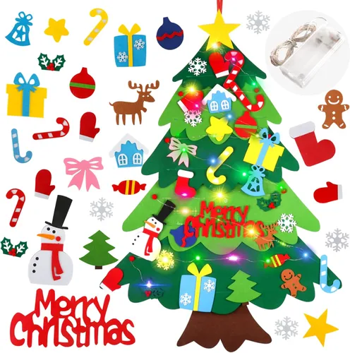 Suweor Upo Juego de árbol de Navidad de fieltro para niños pequeños con cadena de luces LED, 3.2 pies para colgar en la pared, árbol de Navidad DIY