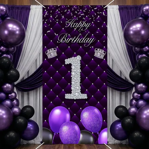 Miniatura 5 de Cartel morado de feliz primer cumpleaños telón de fondo para cabina de fotos, globos de corona plateada, decoración temática para niña, aniversario