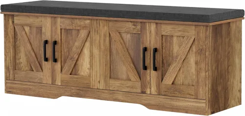Miniatura 16 de HOMSHO Banca de almacenamiento de 2 niveles, banca para zapatos de 70 cm de ancho con cojín de asiento acolchado, banca de entrada con 2 puertas