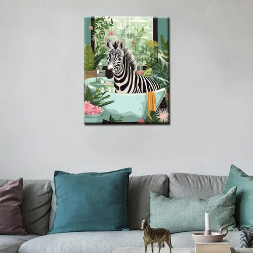 Miniatura 3 de Pintura por números para adultos, baño, animales, bricolaje, pintura al óleo digital, pintura acrílica, cebra, arte de pared, hojas verdes, bañera
