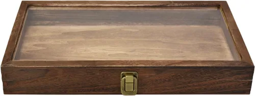 Miniatura 4 de MOOCA Caja de almacenamiento de 2 piezas de vidrio templado de madera con cierre de metal, bandeja de joyería de madera para coleccionables