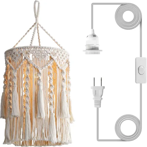 Bioaqua Pantalla de Lámpara Boho, Lámpara Colgante Boho Hecha a Mano Pantalla de Lámpara de Macramé con Enchufe Luz Colgante, Luces Colgantes Type3