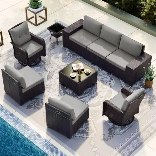 Miniatura 26 de Gotland Juego de muebles de patio de 8 piezas con mesa con fogón, muebles de ratán para exteriores para todo tipo de clima con respaldo alto de 2