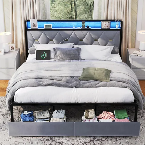 Miniatura 3 de Ailisite Marco de cama plataforma tamaño Queen con cabecero y cajones de almacenamiento, marco de cama plataforma tapizado gris con puerto de carga