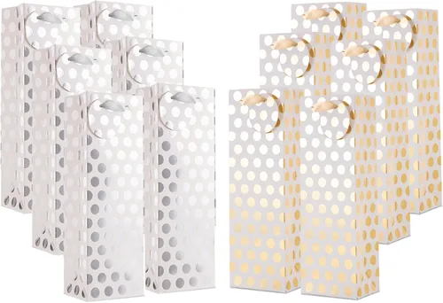 UNIQOOO 12 bolsas de regalo de vino con lunares metálicos dorados y plateados de alta calidad, con etiqueta de masaje de regalo, papel 100%