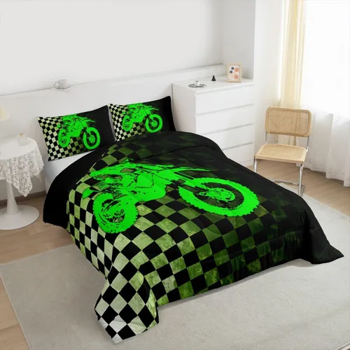 Miniatura 4 de Juego de edredón de motocross para niños, tamaño individual, juego de ropa de cama de motociclista de motocross, edredón a cuadros de búfalo blanco