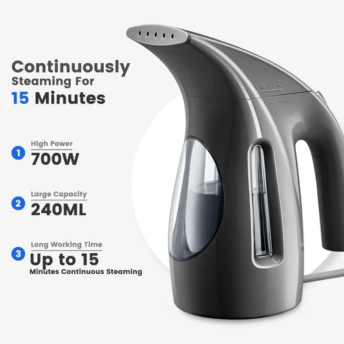 Miniatura 2 de HiLIFE Vaporizador para ropa, diseño portátil de mano, gran capacidad de 240ml, 700W, vapor penetrante fuerte, elimina arrugas, para el hogar