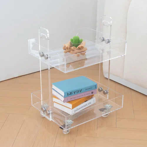Gdrasuya10 Mesa auxiliar de acrílico transparente con ruedas, mesa auxiliar de acrílico de 2 niveles, carrito de servicio rodante, mesa de