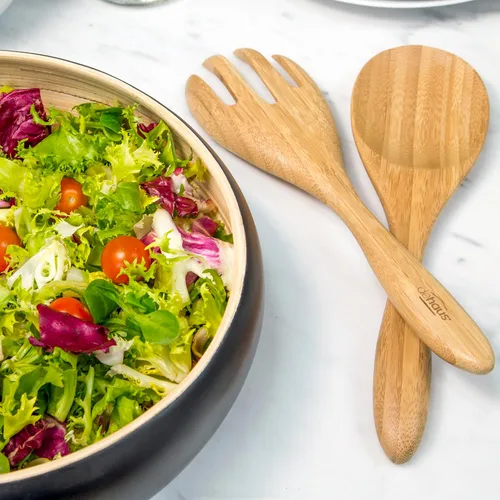 Miniatura 8 de Dehaus Servidores de ensalada de bambú extra grandes de 12 pulgadas - Cucharas de madera para servir ensaladas - Utensilios ecológicos - Manos