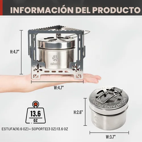 Miniatura 5 de Alocs Estufa de alcohol de 2250 W, estufa de camping con cubierta sellada, estufa individual de acero inoxidable con soporte plegable