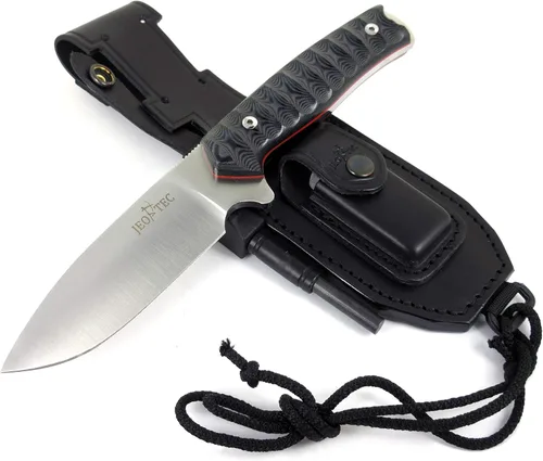 Miniatura 12 de JEO-TEC Nº21 Bushcraft Survival Hunting Cuchillo táctico de hoja fija - BOHLER N690C Acero Inoxidable, Funda de Cuero Multiposicionada, Piedra BLACK