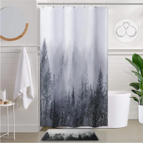 Miniatura 16 de ORTIGIA 36x72 Cortina de ducha de bosque nebuloso para baño pequeño, cortina de ducha estrecha de naturaleza y bosque en blanco y negro con ganchos
