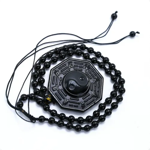 Miniatura 2 de Kitch Aroma Natural Tai Chi Grabado Negro Piedras de Obsidiana Colgante Collar con Extend Bead Chain