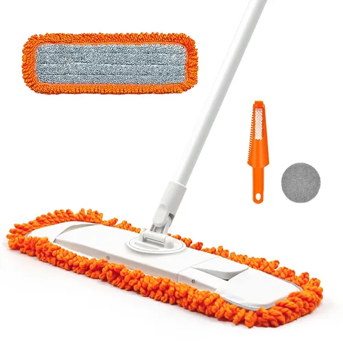 Mopa de polvo para limpieza de suelos con almohadilla de microfibra lavable – JEHONN Dry Wet Flat Mop con estropajo para madera dura, laminado,
