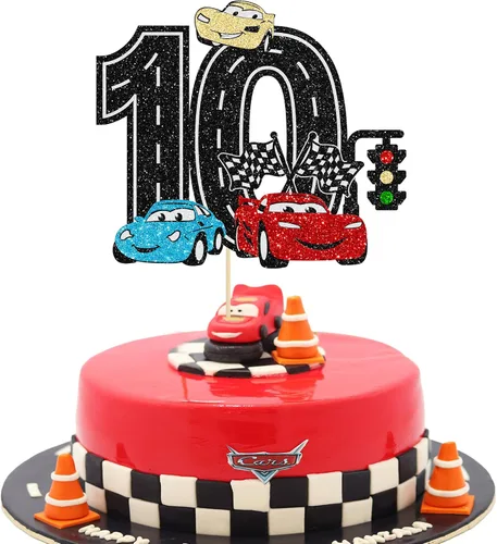 Miniatura 14 de Ephlyn 1 pieza de decoración para tarta de primer cumpleaños de coche de carreras con purpurina, decoración de tarta 1er cumpleaños para bandera a