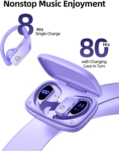 Miniatura 2 de bmanl Auriculares inalámbricos Bluetooth con ganchos para las orejas con tiempo de reproducción de 80 horas, pantalla de alimentación LED, llamadas