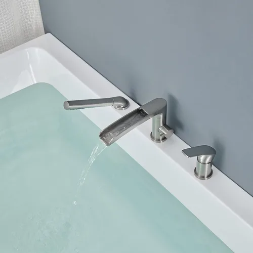 Miniatura 3 de Wowkk Grifo de bañera romana en cascada de níquel cepillado, grifos de baño con ducha de mano