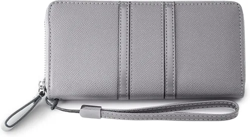 Miniatura 3 de Carteras con cremallera para mujer, de gran capacidad, cartera larga para chequera, cartera de mano con correa para la muñeca, Gris, Classic
