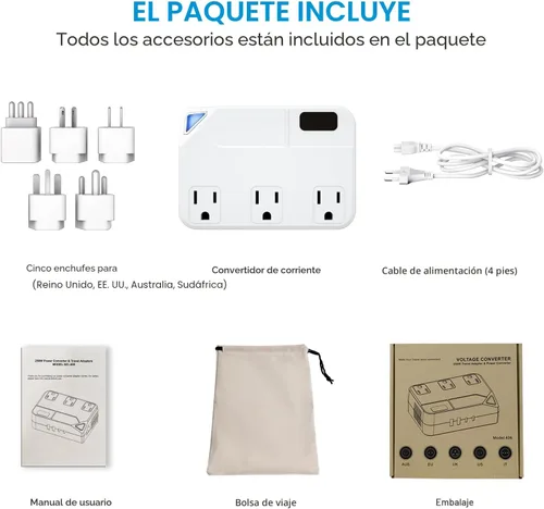 Miniatura 5 de Enchufe de conversión de 250 W, convertidor de viaje internacional con 2 puertos USB y 2 puertos USB-C, reducción de 220 V a 110 V para áreas de 100