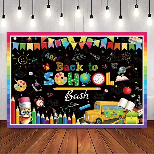 Miniatura 4 de Telón de fondo de pizarra de regreso a clases, primer día de escuela, fiesta, lápiz, autobús escolar, decoración colorida para niños, cabina