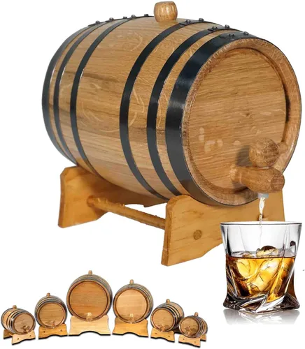 Miniatura 10 de Barril de envejecimiento de 1 galón de roble (5 litros) con soporte, tapón y canilla - Mini barril de madera para whisky - Barriles de roble