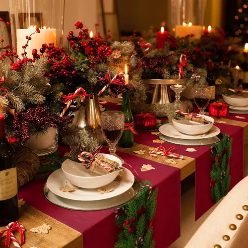 Miniatura 4 de Camino de mesa de Navidad de 70 pulgadas de largo, paños de mesa de árboles de Navidad rojos de algodón y lino para aparadores, bufandas de mesa