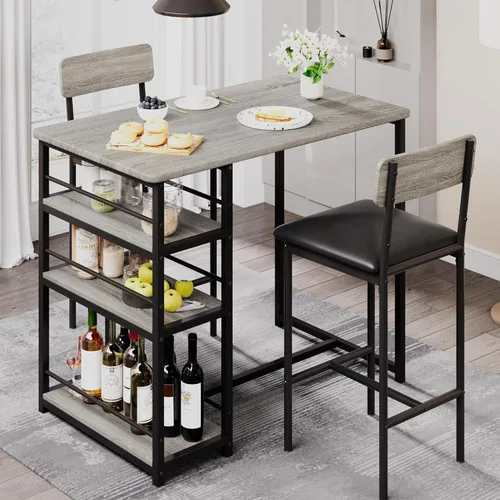 GAOMON Juego de mesa de bar de 3 piezas con 2 taburetes tapizados, juego de comedor de altura de mostrador que ahorra espacio con estantes de