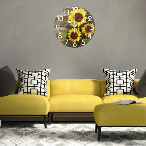 Miniatura 3 de Naanle Elegante reloj de pared redondo de madera vintage con diseño de girasoles 3D, de 9.5 pulgadas, funciona con pilas, de cuarzo, analógico