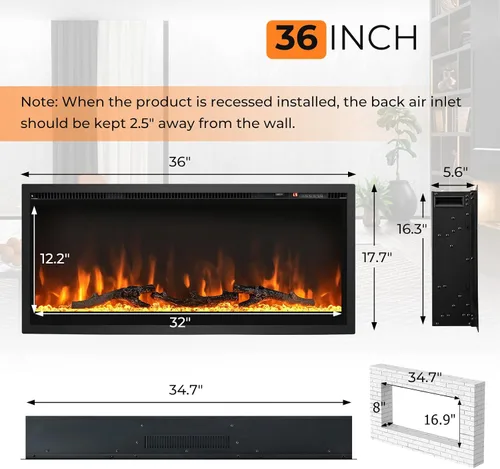 Miniatura 7 de GOFLAME Chimenea eléctrica de 36 pulgadas empotrada/montada en la pared/independiente, calentador eléctrico lineal con control remoto