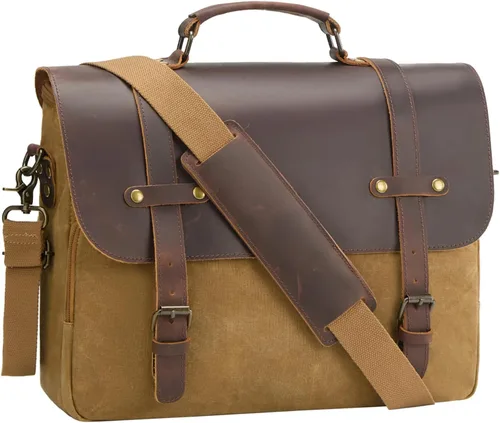 Miniatura 9 de Bolsa de mensajero para hombre, de lona encerada, maletín para laptop de 15.6 pulgadas, estilo vintage, de cuero, impermeable, para la escuela