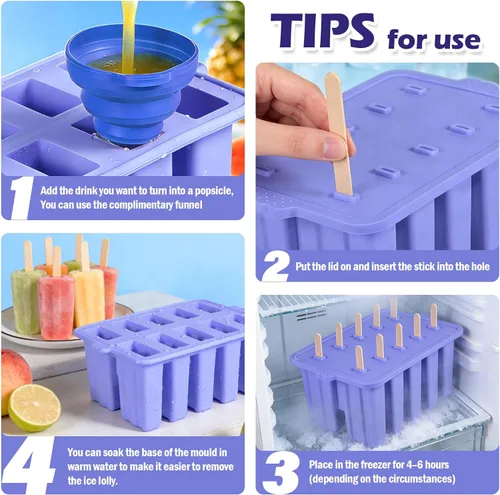 Miniatura 4 de Moldes de silicona morada, 10 cavidades caseras para paletas de hielo, para niños y adultos, de grado alimenticio, sin BPA, con palitos para hacer