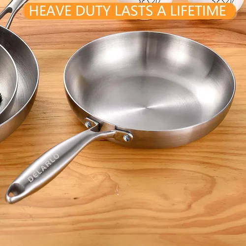 Miniatura 5 de DELARLO Sartén de acero inoxidable tricapa de 8 pulgadas de cuerpo entero, sartenes de chef aptas para horno y cocina de inducción, adecuadas