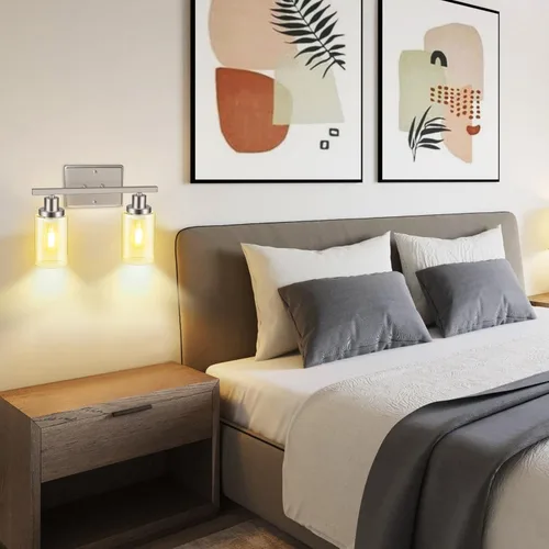 Miniatura 4 de Ascher Apliques de pared de 2 luces, moderna lámpara de tocador con pantalla de vidrio transparente, lámpara de pared de níquel cepillado para Tubo