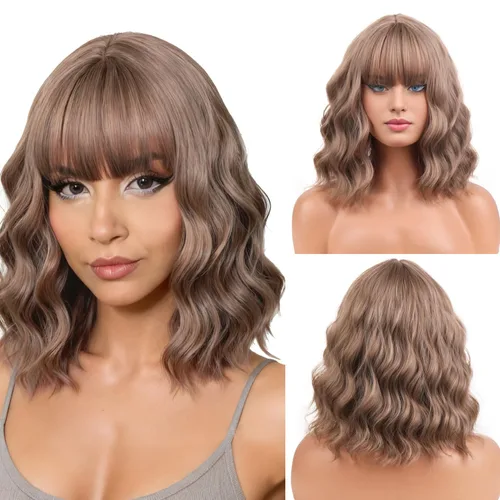 Miniatura 37 de BERON 14 Inches Ash Blonde Wig with Bangs Short Curly Wig Short Ash Blonde Bob Synthetic Wigs for Women Daily Halloween Party or Cosplay Hairnet