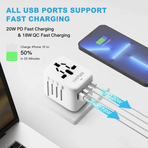 Miniatura 3 de HAPOW Adaptador de Viaje Universal, Adaptador de Corriente Internacional PD20W, 2 USB-C y 2 USB-A Cargador de Viaje de Carga Rápida, Adaptador