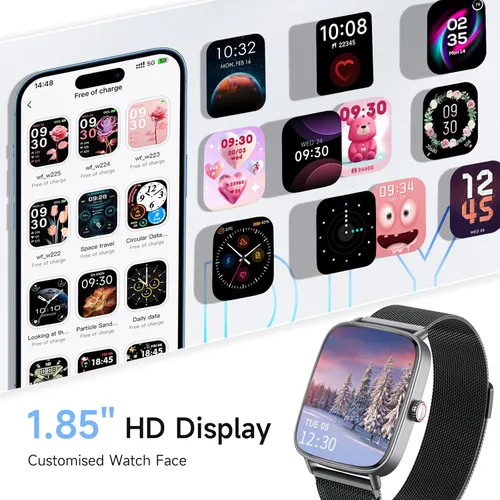 Miniatura 7 de Reloj inteligente para mujeres, reloj inteligente HD de 1.85 pulgadas, compatible con iPhone/Samsung/Android (respuesta/hacer llamadas), más de 100