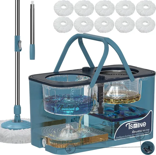 Mopa giratoria de gran capacidad Gen 1 y cubo, para hogares grandes y días de limpieza profunda, sistema de 4 cámaras que separa el agua sucia y