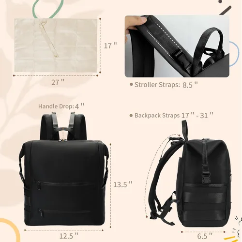 Miniatura 5 de Omanmoli Mochila para pañales, bolsa grande de neopreno para niños y niñas con 15 organizadores de bolsas de pañales, 2 bolsillos aislados, Negro