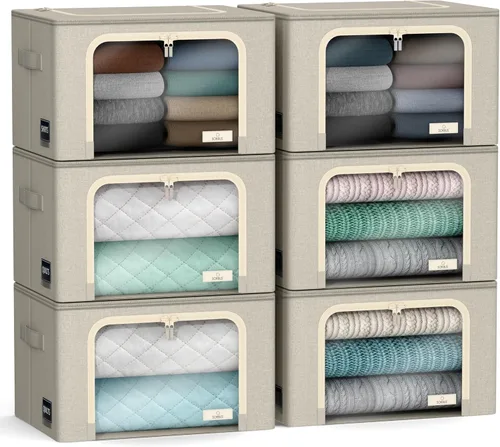 Miniatura 10 de Sorbus Cajas de almacenamiento con marco de metal - Bolsas organizadoras de ropa apilables y plegables - Contenedores de almacenamiento de tela