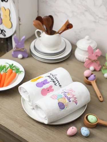 Miniatura 5 de Juego de 2 toallas de mano de Pascua 100 % algodón bordadas con diseño de conejo de Pascua decorativo para baño, cocina, juego de 2 toallas de 14 x