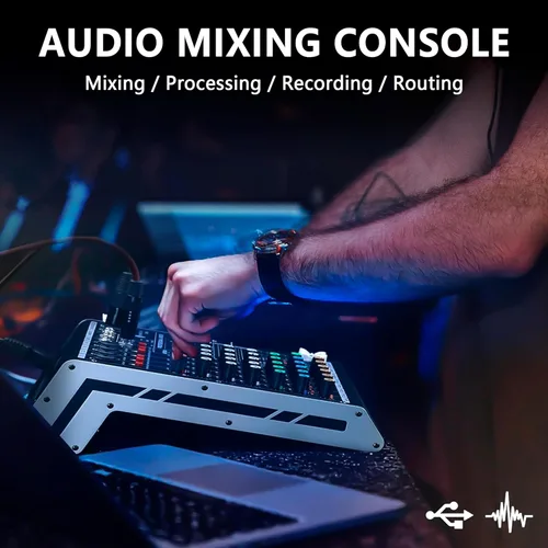 Miniatura 9 de Mezclador de audio de 4 canales, consola de tablero de sonido 99 DSP con alimentación Phantom de 48 V, mezclador DJ profesional para podcasting