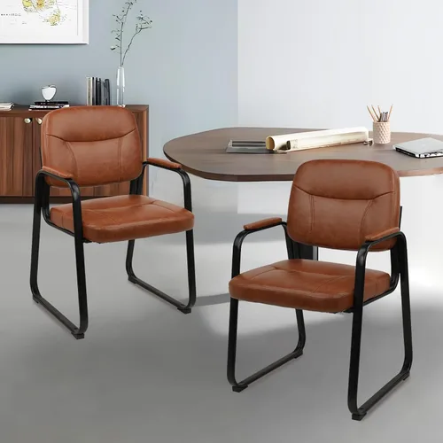 Miniatura 2 de CLATINA Sillas de recepción de espera sin ruedas, silla de invitados de cuero con brazos acolchados, modernas sillas de escritorio de oficina marrón