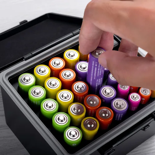 Miniatura 6 de JJC Estuche rígido de batería AA AAA con comprobador, organizador de almacenamiento de batería de 34 ranuras para 20 pilas AA y 14 AAA, contenedor