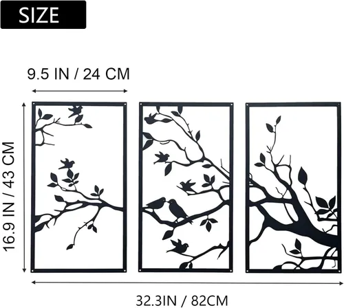 Miniatura 3 de 3 piezas de decoración de pared de metal grande de pájaros en rama, escultura de silueta de árbol de la vida negro, hojas con pájaros, adorno
