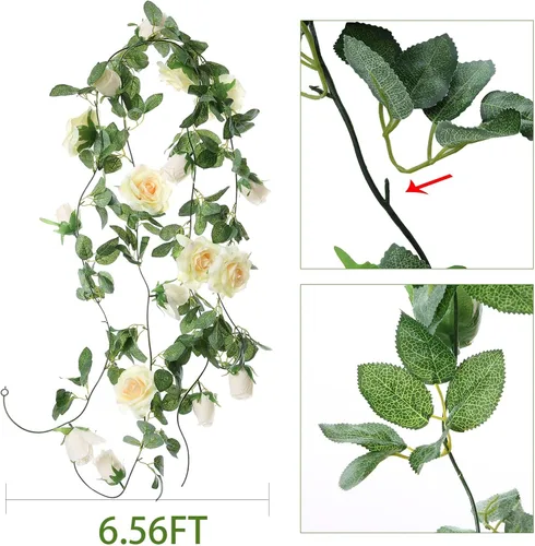 Miniatura 2 de Felice Arts Paquete de 2 guirnaldas de flores de champán cada una de 6.5 pies, guirnalda de boda de color beige, guirnalda de rosas falsas